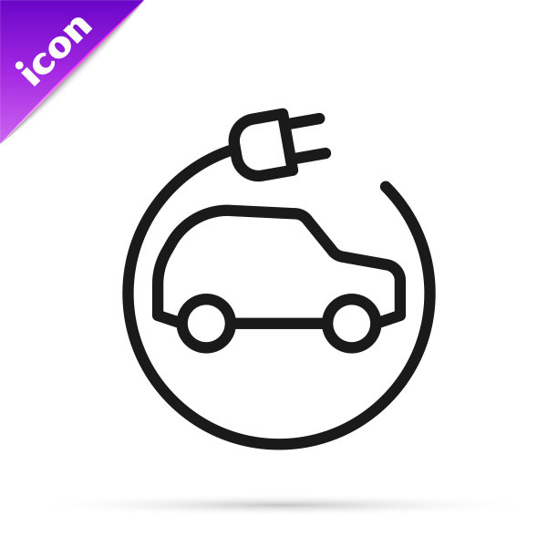 黑色线电动汽车和电缆插头充电图标隔离在白色背景上。可再生环保技术。向量图片下载