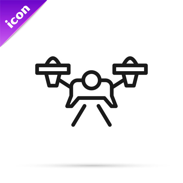 黑线无人机飞行图标孤立在白色背景。带有视频和照片相机符号的四轴飞行器。向量图片下载