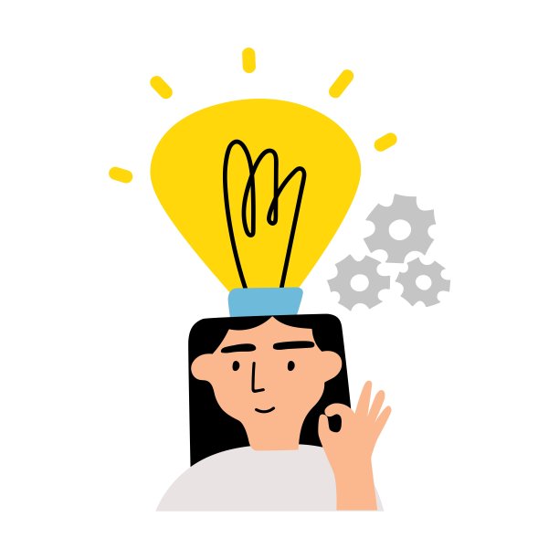 女孩的手势和灯泡在她的头。新想法。图片下载