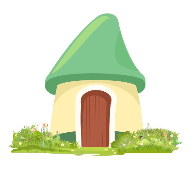 在空地上的神奇滑稽的房子。草草甸。美丽的卡通景观插图。绿色屋顶。孤立可爱的婴儿图片。向量图片下载