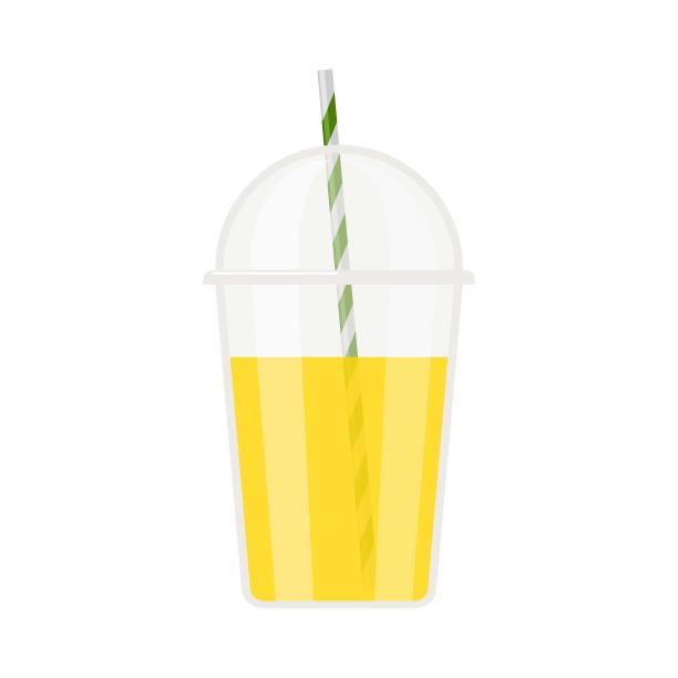 透明塑料杯与球形盖橙饮料，吸管隔离在白色背景。天然新鲜橙汁或冰沙玻璃杯。平面矢量为夏季设计，柠檬水，果汁，标志图片下载