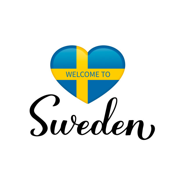 欢迎来到瑞典，在白色的背景上孤立的心形状的国旗书法手写字母。矢量模板印刷海报，明信片，横幅，传单，贴纸，t恤等图片下载