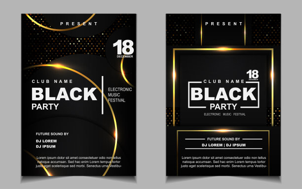 豪华夜舞会音乐版式封面设计模板背景采用典雅的黑色和金色风格。光电式矢量图片下载
