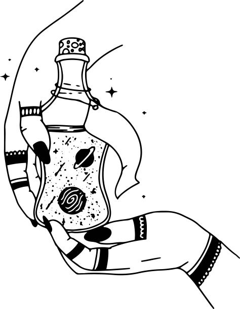 女人的双手，月亮，神圣的几何星星孤立。精神神秘主义的对象。矢量插图在黑色轮廓风格。深奥的神秘的魔法。图片下载