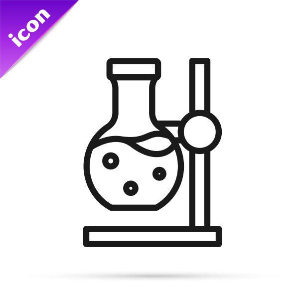 黑线玻璃试管瓶在支架上，图标孤立在白色背景上。实验室设备。向量图片下载