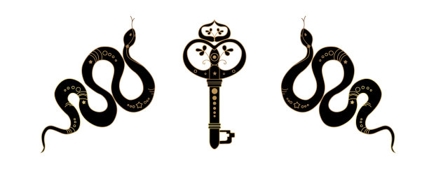 金蛇是神秘的。金钥匙。草图，绘制矢量图。时尚插画。波西米亚风格。神奇神秘的图案，神秘的波西米亚风格。图片下载