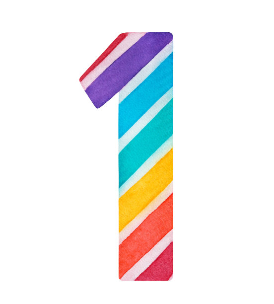 彩色水彩画“1号”形状装饰有可爱的彩虹图案。手绘水彩图形插图，剪纸剪辑艺术元素的设计，海报，贴纸，贺卡。图片下载