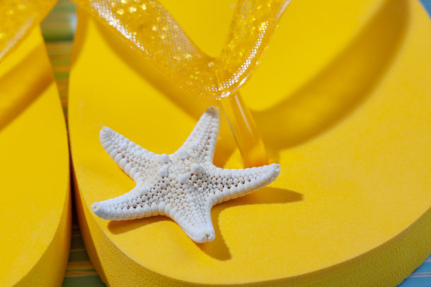黄色橡胶沙滩人字拖和海星在蓝色木制背景下，放置文字图片下载