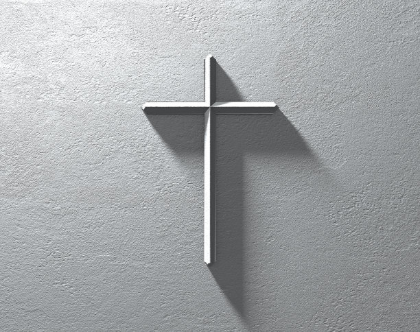 纹理白色灰泥墙3D十字架与长影子图片下载