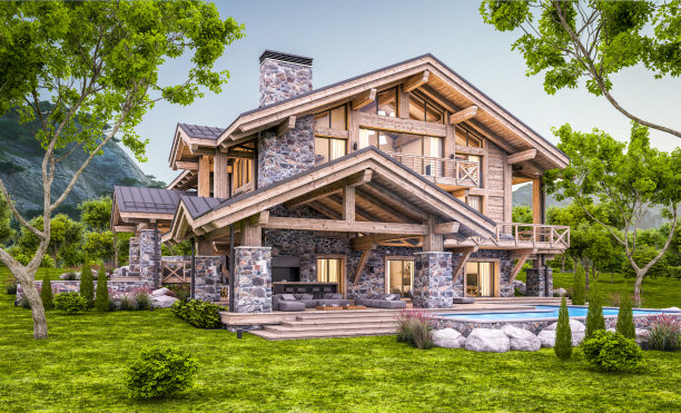 夜晚现代舒适小木屋的3D渲染图片下载