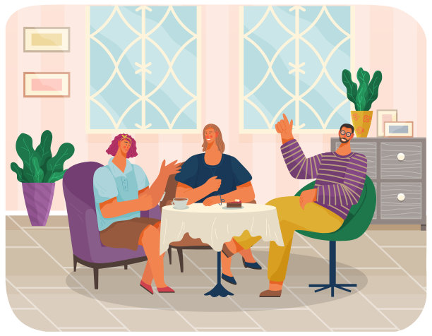 朋友们正坐在咖啡馆或餐馆的桌边吃着蛋糕喝着咖啡，交流着图片下载