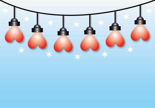 红色心形灯泡和白色星星在淡蓝色的背景，贺卡。图片下载