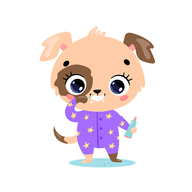 矢量平面涂鸦可爱卡通小狗刷牙。动物刷牙。图片下载