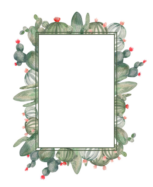 水彩仙人掌模板。框架与枯萎的野生仙人掌。矩形模板的文本，照片，明信片等。图片下载