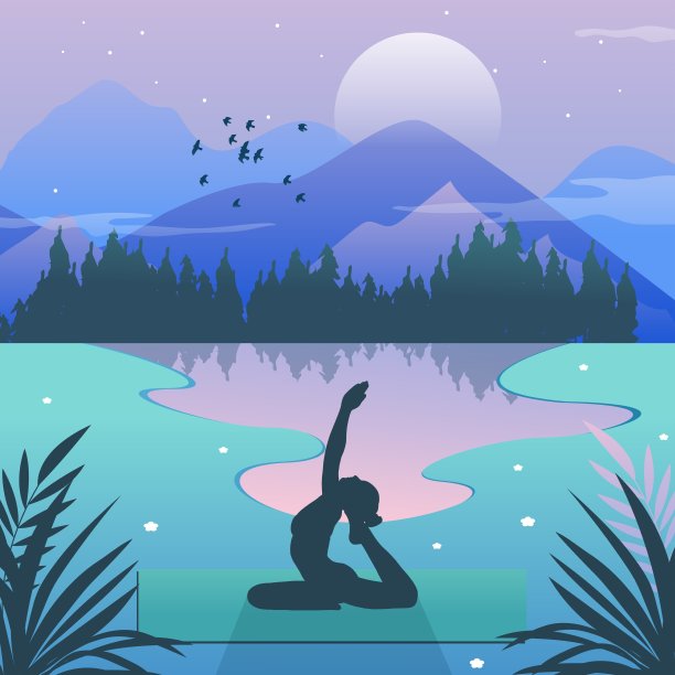 群山背景上女子瑜伽的剪影图片下载