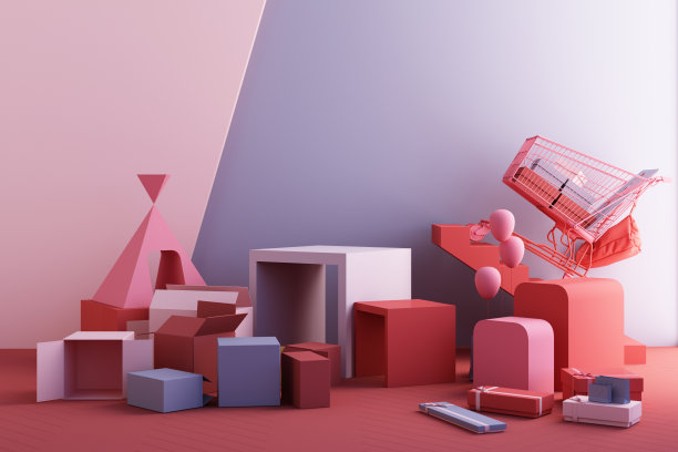 超市购物车周围的礼品盒和几何形状的粉红色和蓝色的背景。三维渲染图片下载