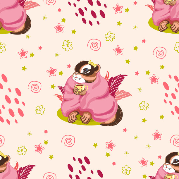 无缝的矢量模式。可爱的孩子气的插图。花栗鼠女孩的粉色毯子。插图在柔和的颜色可爱的动物与一个弓托儿所，海报，明信片，印花布。图片下载