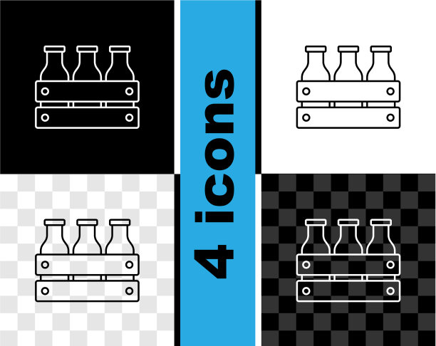 设定生产线瓶装牛奶包装在木盒图标图片下载
