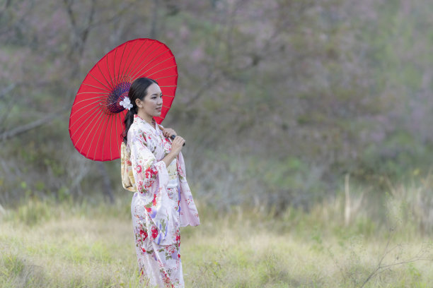 日本女孩穿着和服，撑着一把红色的伞。亚洲女性游客。图片下载