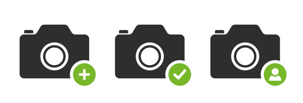 照片应用程序图标。相机图标加号，复选标记和用户界面按钮。图片下载