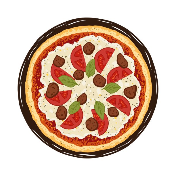 矢量插图手绘披萨。美味的意大利披萨，浇上番茄酱，马苏里拉奶酪，西红柿，肉丸和罗勒。图片下载