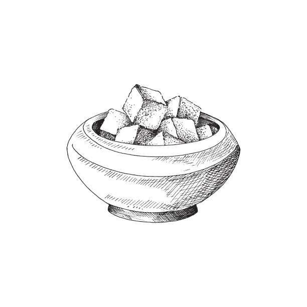 手绘碗满糖雕刻立方体矢量插图孤立。图片下载
