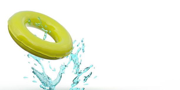 水花和绿色充气游泳在白色的背景与大的拷贝空间。图片下载