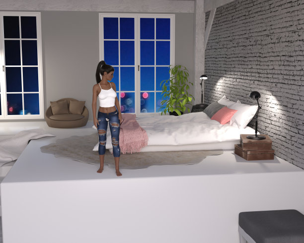 一个女人环顾她的公寓周围的插图与城市的天际线在夜晚的背景。图片下载