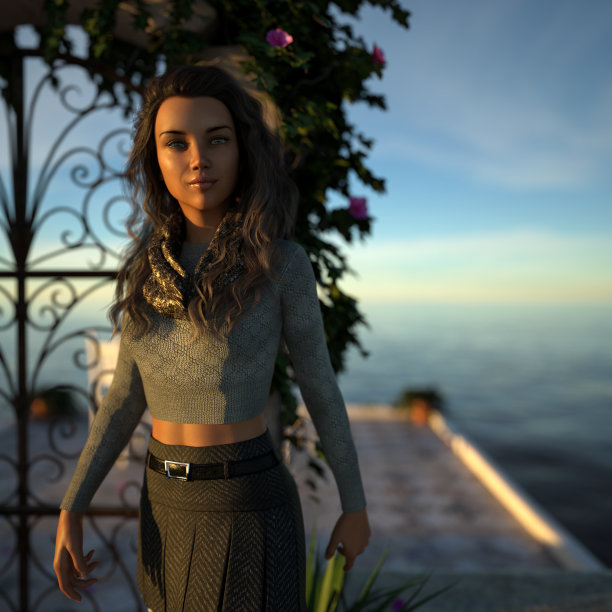 画的是一个女人在日落时在海边向前看图片下载