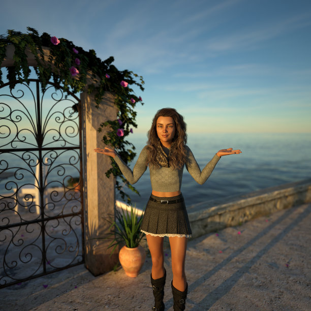 画的是一个女人在日落时在靠近海岸的地方打手势图片下载