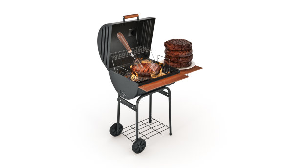 用火焰烧烤的汉堡包。三维渲染图片下载