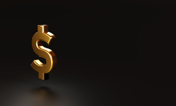 现实的黄金美元符号在黑暗的背景和复制空间，美元是世界上主要的货币兑换。3D渲染和插图技术。图片下载