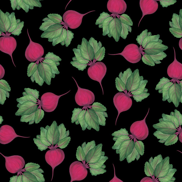 甜菜根和顶部绿色的叶子在黑色的背景。无缝模式。新鲜蔬菜。收成。素食。水彩插图。为纺织、包装。图片下载