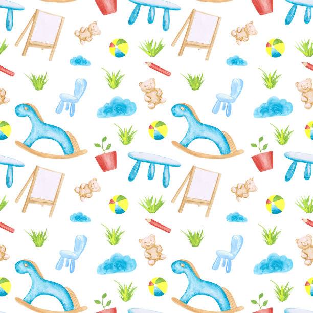 水彩幼儿园无缝模式上的白色背景。一张桌子，一本书，一朵云，一匹马(玩具)，花盆里的一株植物，一个球，一把椅子，一个无穷无尽的玩具熊。幼儿园墙纸。图片下载