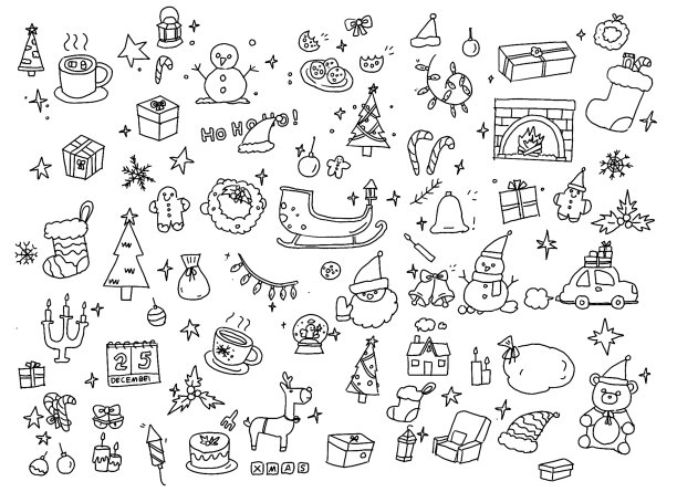 圣诞涂鸦集孤立与剪切路径在白色背景儿童手绘铅笔素描风格的设计元素图片下载