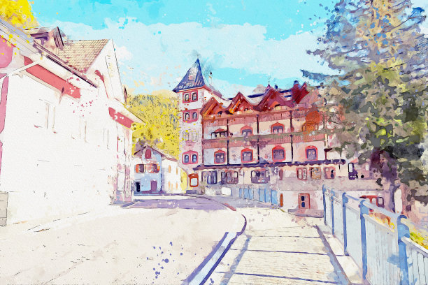 意大利一个叫萨尔登的小镇的水彩画。图片下载