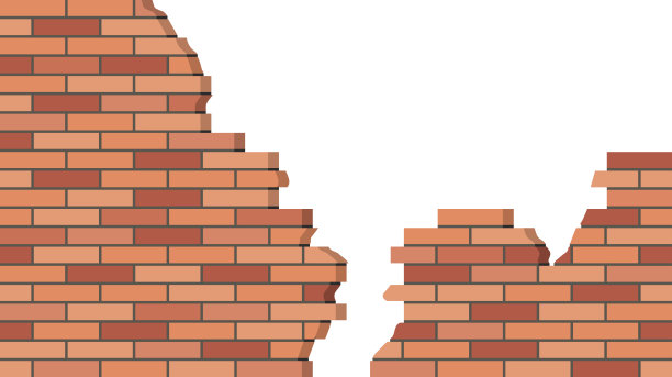 破碎砖墙。3D视图，砖墙被毁。卡通的背景。平面设计风格。矢量图图片下载
