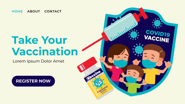 疫苗接种运动登陆网页模板。现代平面设计网站旗帜的疫苗家庭显示拇指向上。注射器针头和疫苗瓶四处漂浮图片下载