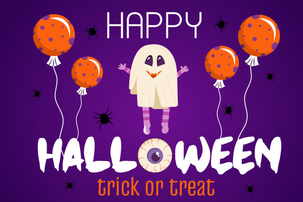 万圣节邀请模板上的紫色背景。万圣节彩旗万圣节的彩旗和气球矢量插图卡通风格。图片下载