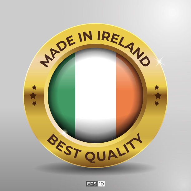 爱尔兰制造的标签，标志，邮票最佳质量圆形国家旗与3D优雅的黄金光泽效果图片下载