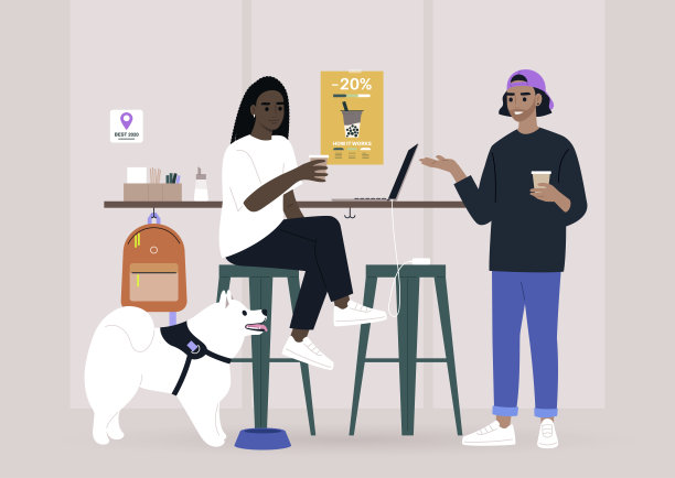 两个千禧一代在咖啡馆吧台聊天，这是一个适合狗的地方图片下载