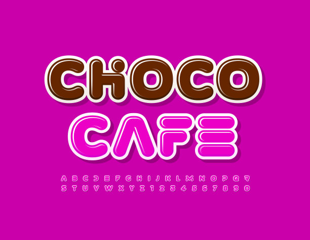 向量明亮的象征巧克力咖啡馆。粉色创意字母和数字集图片下载