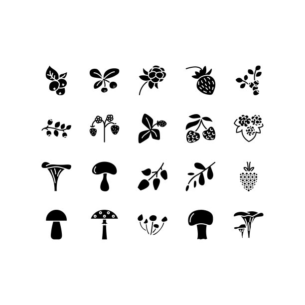 森林浆果和蘑菇平面线图标设置。新鲜浆果覆盆子，越橘，蓝莓，黑莓，草莓。简单的平面矢量插图商店，网站或手机应用程序图片下载