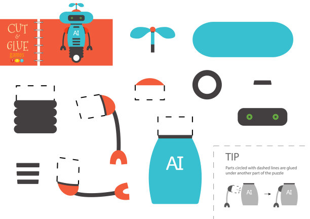 剪纸和粘纸玩具。学龄前儿童矢量教育工作表图片下载