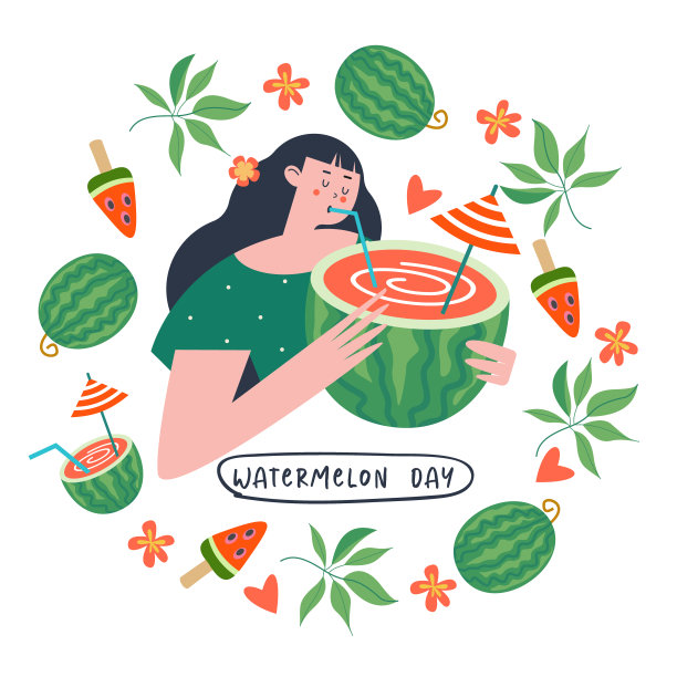 西瓜的一天。节日乐趣矢量剪贴画。明信片，海报，邀请函的模板。图片下载