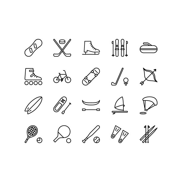 运动设备平面线图标设置。体育游戏设备和活动。简单的平面矢量插图商店，网站或手机应用程序图片下载