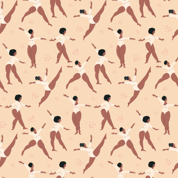 无缝模式与身体积极跳舞的女性在夏季泳衣。迷人的超重女性在比基尼，迷人的胖女孩，可爱的加码女士在泳衣。平面矢量卡通插图图片下载