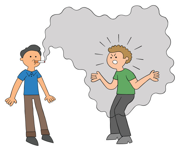 卡通上瘾的男人抽烟，其他人被烟惹恼而生气，矢量插图图片下载