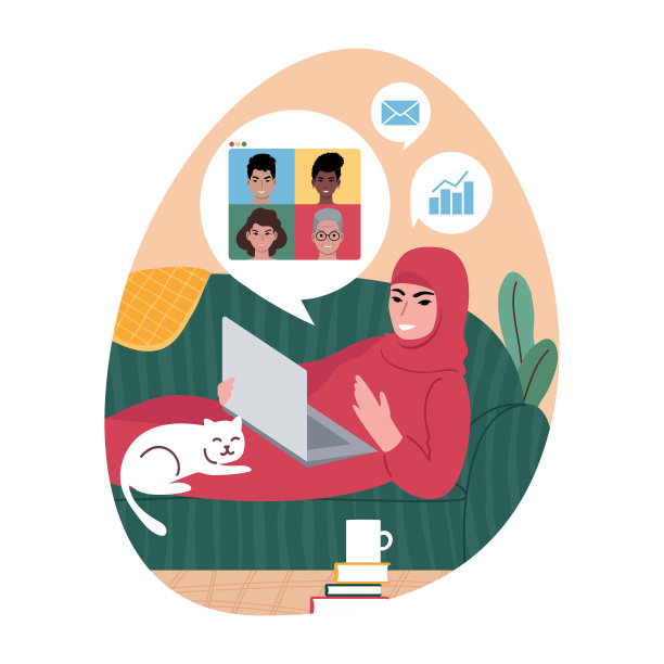 带着笔记本电脑戴着头巾在家工作的年轻女子。矢量插图。图片下载