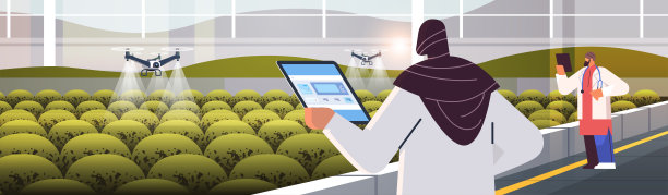 工程师控制农业无人机，四架直升机飞到温室里喷洒化肥图片下载